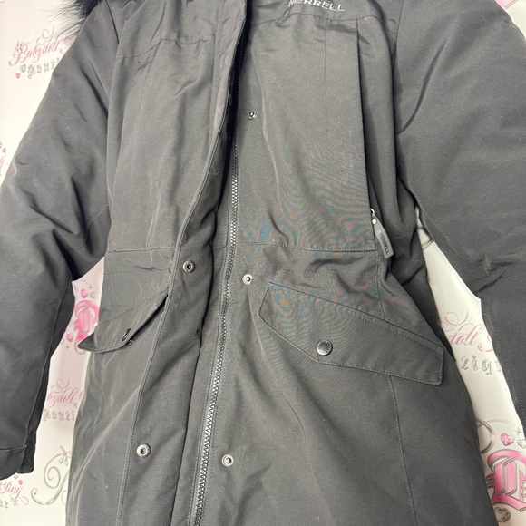 Merrell coat jacket parka puffer feather down black fur hood waist tie cinch - Picture 12 of 16